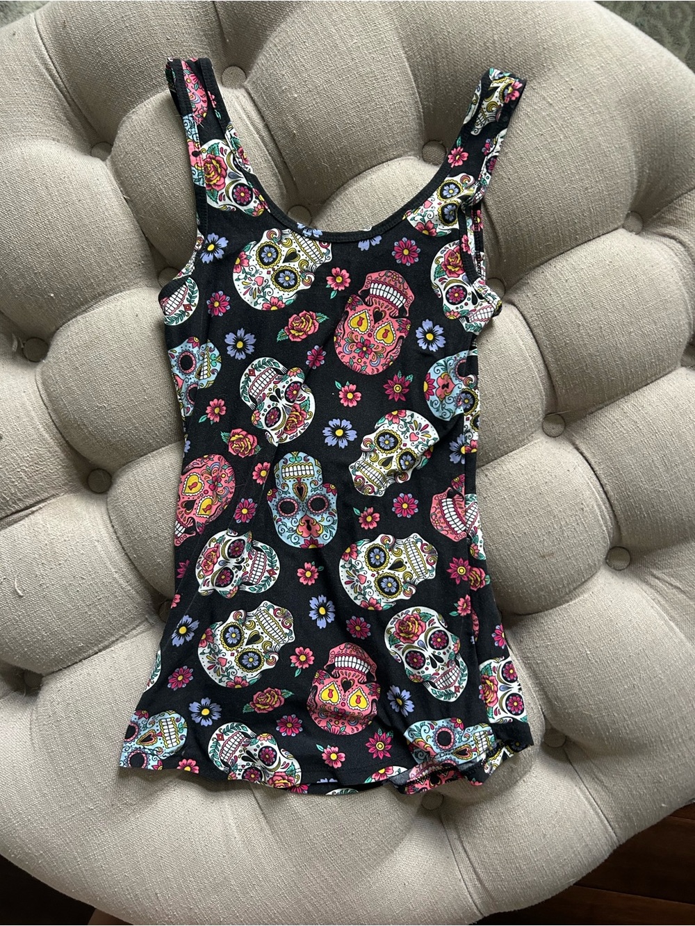 No Boundaries Black Sugar Skull Tank One-Piece with Multicolor Floral Accents - Picture 2 of 3